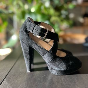 Michael Kors suede peep toe heels with crossover detailing
